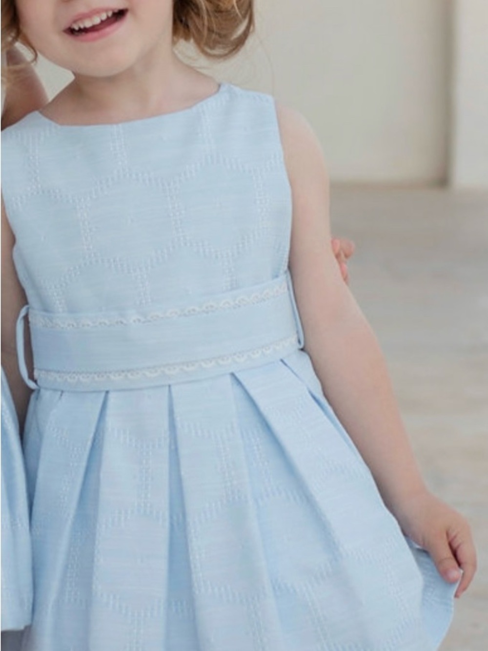 Girls' Sleeveless Light Blue Formal Dress with Embroidered Waistband